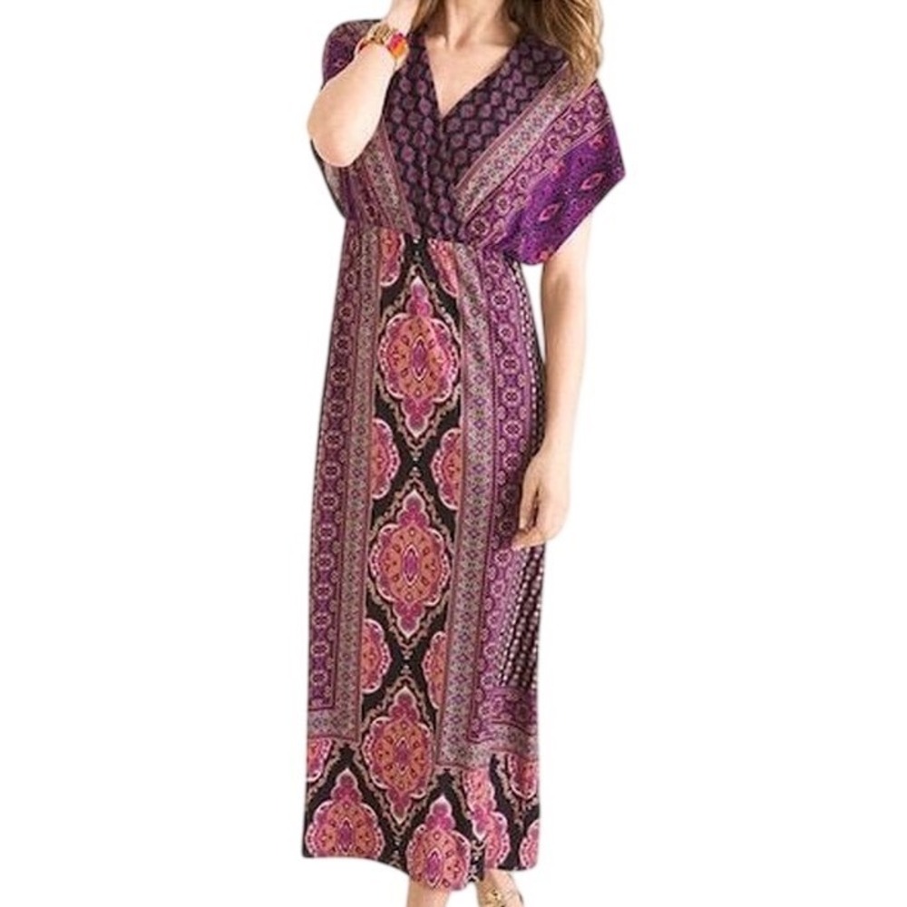 Chicos Womens Medallion Mixed Print V-Neck Maxi Dress Size 12/14 Boho Resortwear